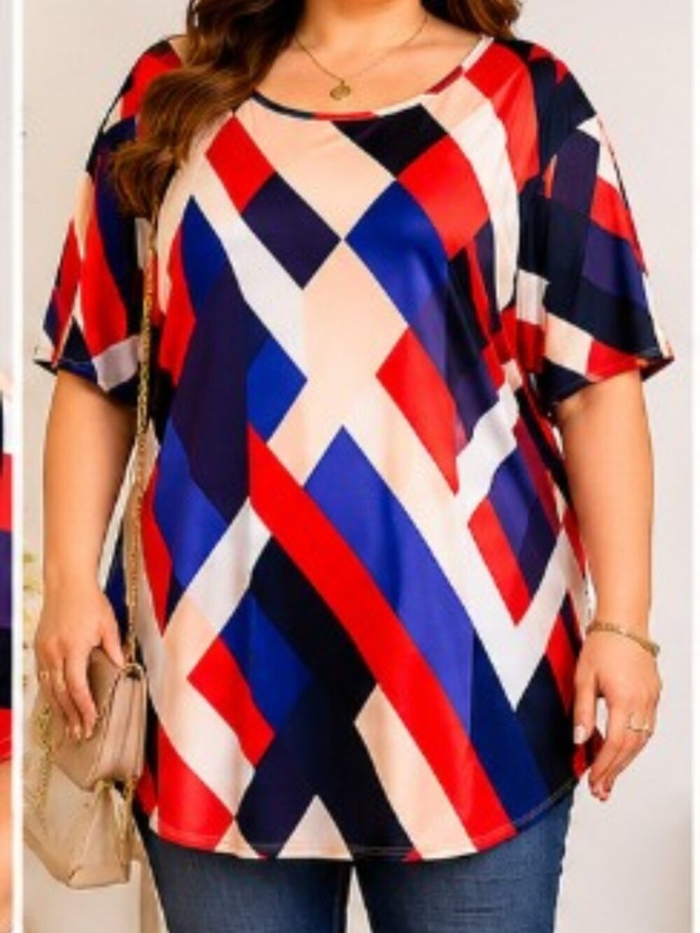 Beyond This Place 2X Colorblock Tunic Top Geometric Art Deco Print Elbow Sleeve - Picture 10 of 12
